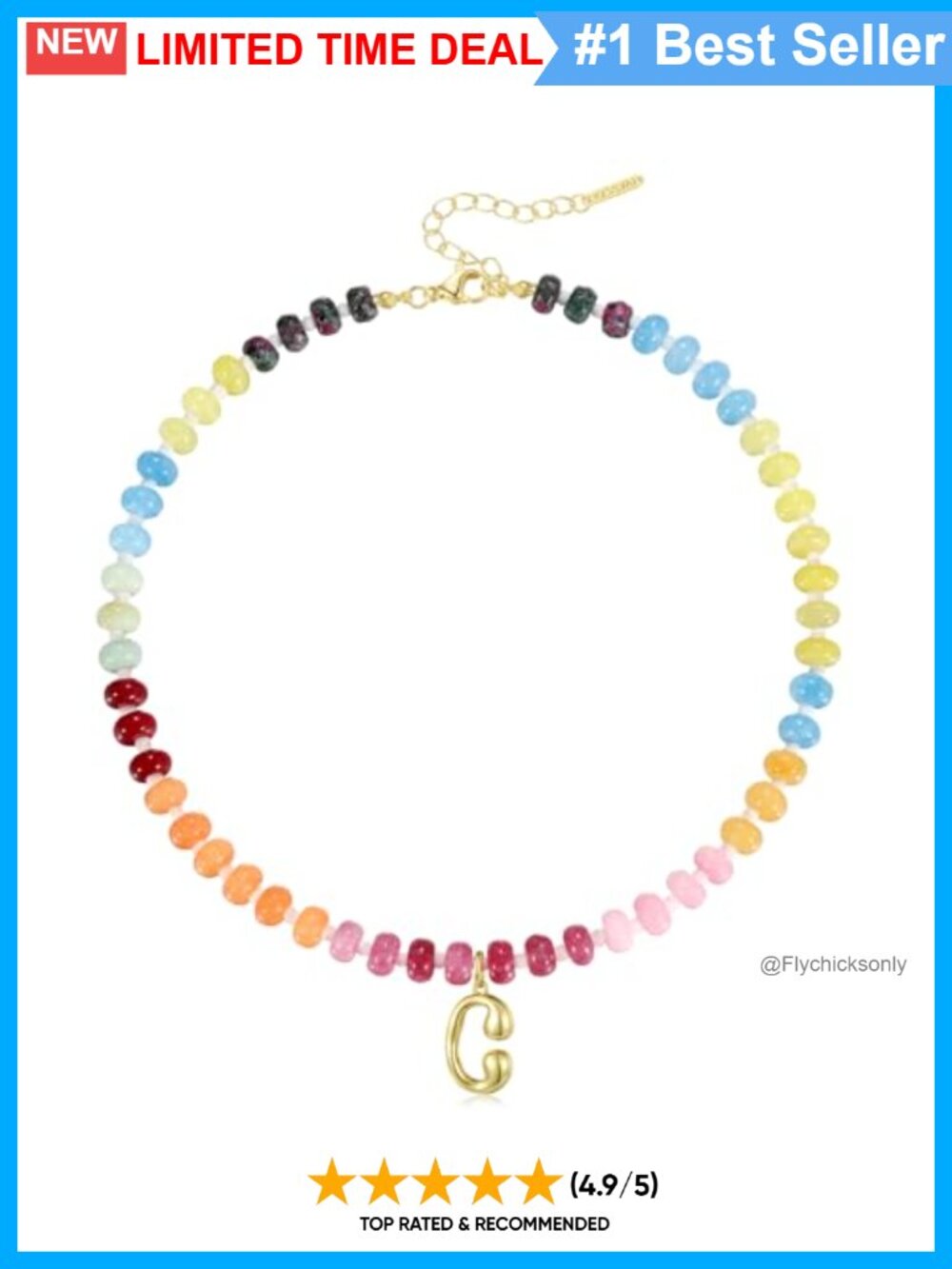 14K Gold Bubble Letter C Initial Necklace Colorful Beaded Gemstone Choker
